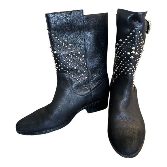 SCHUTZ black studded midi slip on leather boots - Picture 1 of 10